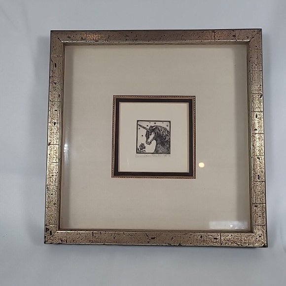 Rare Etching Unicorn & Rose 1976 Alice V. Scott Framed & Matted 12" x 12" 50/100 - Picture 7 of 8